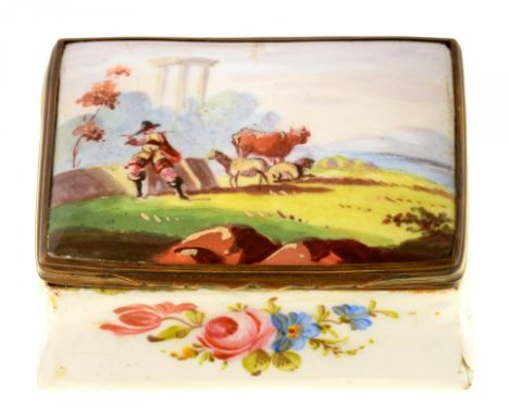 A CONTINENTAL ENAMEL BONBONNIERE, LATE 19TH C  the lid painted with a pastoral landscape, 7.5cm l++Minor chips and restoratio