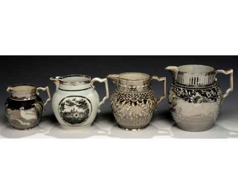 THREE SILVER RESIST LUSTRE WARE JUGS AND ANOTHER, ALL EARLY 19TH C  decorated with a bird, flowers or vines, the last with bl