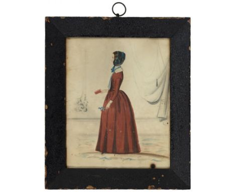 JOSEPH KERRY OF NOTTINGHAM, 19TH C PORTRAIT OF A LADY  full length in profile in an interior, signed verso and dated 1848, pe