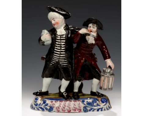 A STAFFORDSHIRE PEARL GLAZED EARTHENWARE GROUP OF THE VICAR AND MOSES, C1800   with overglaze enamel painted decoration, 23cm
