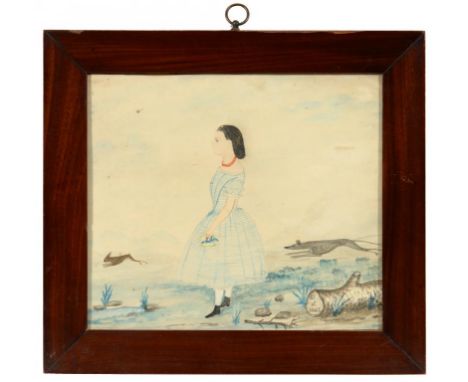 A BROWN OF SPALDING, MID 19TH C  PORTRAIT OF A GIRL  full length in profile before a dog and hare, signed with initials and d