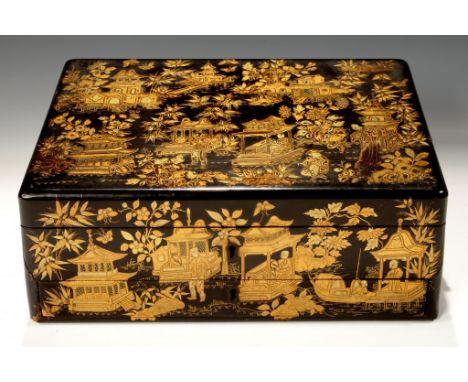A CHINESE BLACK AND GOLD EXPORT LACQUER BOX, EARLY 19TH C  decorated on all four sides and fitted with a drawer, 34cm l++Ligh