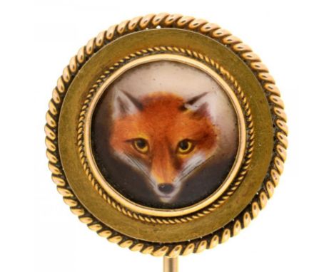 A VICTORIAN GOLD STICK PIN  set with an enamel OF A FOX by William Essex (1784-1860) terminal 1.9cm diam, signed and dated on