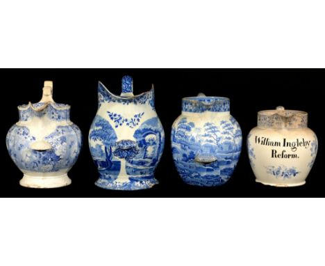 AN INSCRIBED STAFFORDSHIRE BLUE PRINTED EARTHENWARE REFORM JUG, C1830 inscribed in black enamel William Ingleby Reform, 26cm 