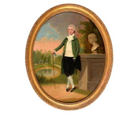 ENGLISH SCHOOL, LATE 18TH C PORTRAIT OF A GENTLEMAN   small full length in a white stock, green coat and black breeches, his 
