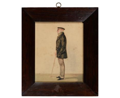 ENGLISH SCHOOL, 19TH C  PORTRAIT OF A MAN  full length in profile in  peaked cap and plaid trousers, watercolour, 22 x 17.5cm
