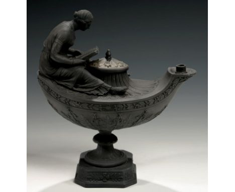 A WEDGWOOD BLACK BASALT VESTAL READING OIL LAMP AND COVER, 19TH C  22.5cm h, impressed WEDGWOOD++Lamp in good condition,  rea