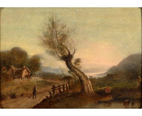 ENGLISH SCHOOL, 19TH C A TRAVELLER ON A COUNTRY ROAD  indistinctly signed, oil on panel, 25.5 x 36cm++Several old surface cra