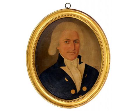 SPOILUM (FL 1785-1805) PORTRAIT CAPTAIN GEORGE  DELANOE, RN  head and shoulders, in blue coat with gilt buttons,   inscribed 