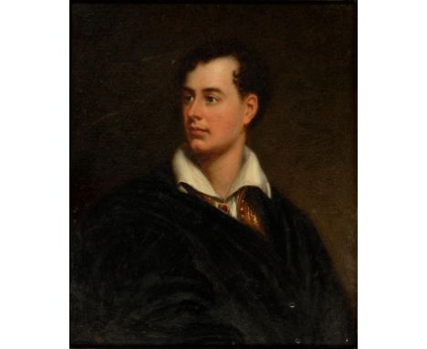 AFTER THOMAS  PHILLIPS, RA  PORTRAIT OF LORD BYRON  oil on   board, 24.5 x 20.5cm++Dusty, varnish requires a clean, in Victor