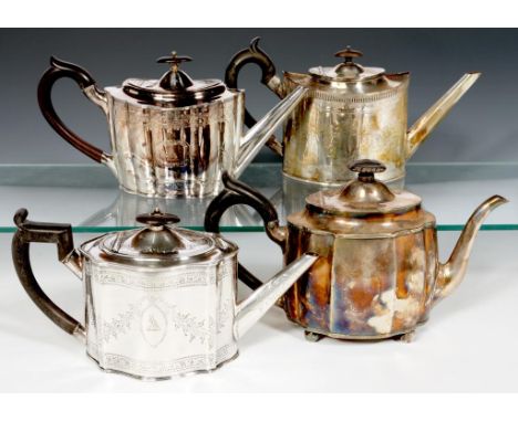 FOUR SHEFFIELD PLATE TEAPOTS, C1800  two similarly crested, 13-16cm h++The two crested teapots replated, the galleried teapot