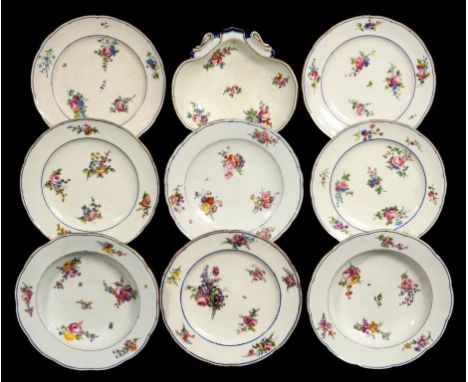 SIX SÈVRES PLATES, TWO SOUP PLATES AND A SHELL SHAPED DISH, 1770S AND C  painted with loose bouquets and scattered flowers,  