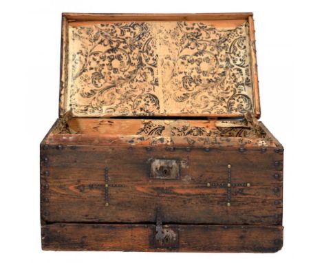 A NORTHERN EUROPEAN BRASS AND IRON NAILED ASH TRAVELLING TRUNK, DATED 1742 the coffered lid with initials EH and 1742, iron c