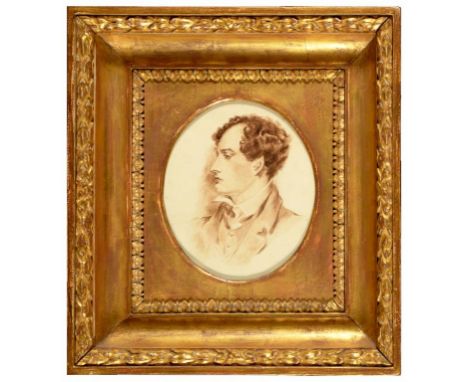 AFTER GEORGE HENRY HARLOW PORTRAIT OF LORD BYRON  watercolour en grisaille, oval, 18 x 15.5cm++Good condition