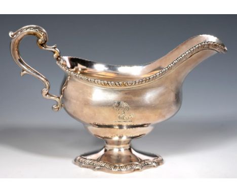 BYRON SILVER.  A GEORGE III GADROONED OGEE SAUCE BOAT  Byron crest, 14cm h, maker WS, probably William Skeen, London 1764, 16