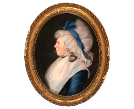 ENGLISH SCHOOL, LATE 18TH C PORTRAIT OF A LADY bust length in profile in a blue dress with white bonnet with blue bow, pastel