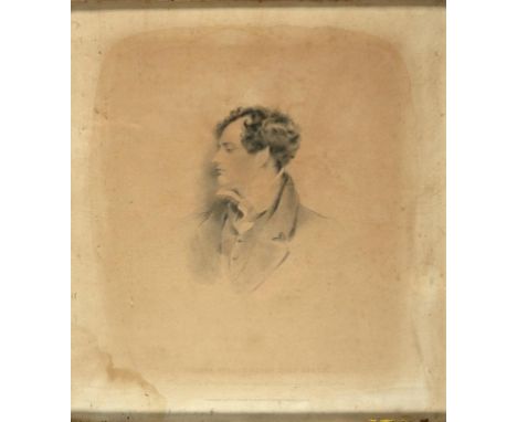 AFTER GEORGE HENRY HARLOW PORTRAIT OF LORD BYRON  head and shoulders, bears signature and date, watercolour, 15 x 13cm and an