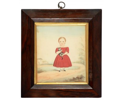 ENGLISH NAIVE ARTIST, EARLY 19TH C  PORTRAIT OF A CHILD IN A RED DRESS  holding a kitten, watercolour, 13.5 x 11.5cm, rosewoo