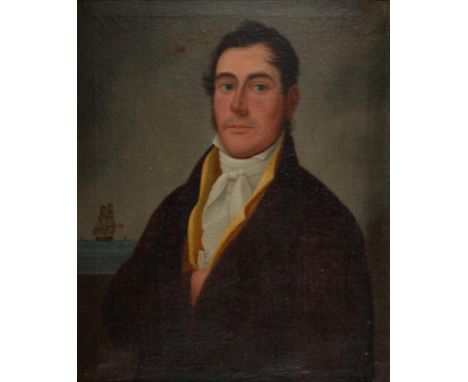 BRITISH JOURNEYMAN PAINTER, EARLY 19TH CENTURY PORTRAIT OF A MAN half length in white stock and brown coat, a British frigate