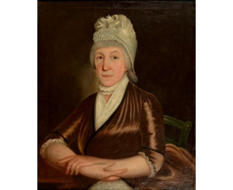 BRITISH SCHOOL, 19TH C PORTRAIT OF A LADY  seated half length in a brown dress and lace cap with arms folded, oil on canvas, 