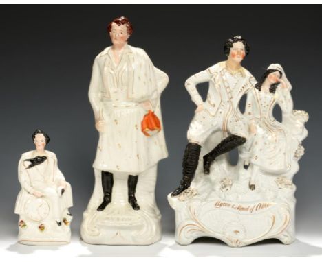 A STAFFORDSHIRE FLATBACK GROUP OF LORD BYRON AND THE MAID OF ATHENS AND TWO STAFFORDSHIRE PORTRAIT FIGURES OF THE POET, C1848