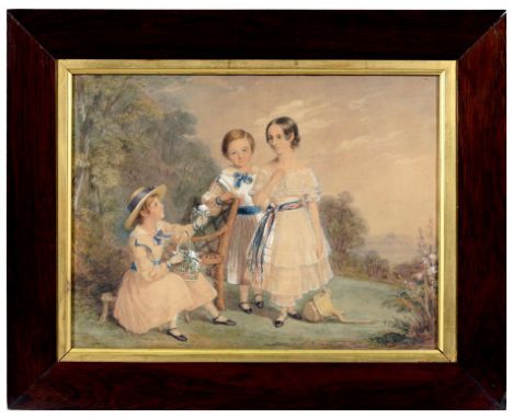 ENGLISH SCHOOL, MID 19TH C TRIPLE PORTRAIT OF THREE YOUNG CHILDREN IN A WEST CORNWALL GARDEN WITH ST MICHAEL'S MOUNT IN THE D