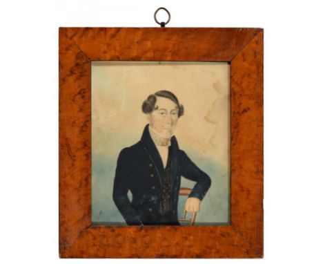 ENGLISH NAIVE ARTIST, 19TH C PORTRAIT OF A GENTLEMEN  seated half length in a blue coat, watercolour, 21.5 x 18.5cm, maple fr