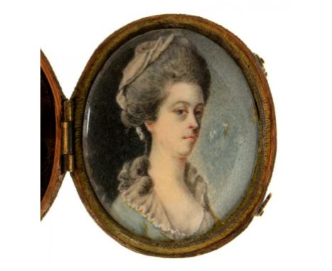 ENGLISH SCHOOL, C1780 A LADY   in light blue dress with lace collar, ivory oval, 4.8 x 3.8cm, fishskin case with brass hooks+