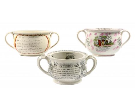 A CREAMWARE CHAMBER POT AND TWO EARTHENWARE CHAMBER POTS, EARLY AND MID 19TH C  the first printed and painted to the interior