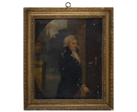 ENGLISH SCHOOL, 19TH C PORTRAIT OF A GENTLEMAN  small three quarter length in a blue coat before an urn and trees, feigned ov