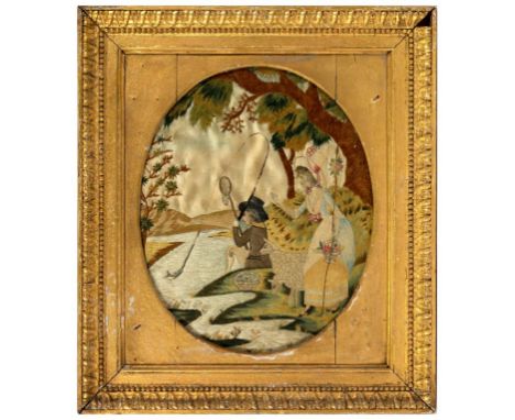 A REGENCY EMBROIDERED SILK PICTURE OF A SHEPHERDESS AND ANGLER, C1790  32 x 26cm, giltwood and composition frames with sanded