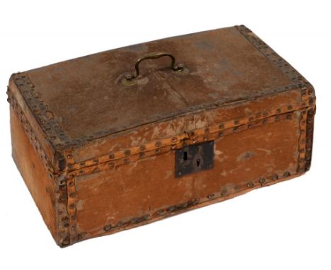 A BRASS NAILED AND LEATHER TRIMMED GOATSKIN COVERED   TRAVELLING TRUNK, EARLY 19TH C the interior in the original patterned l