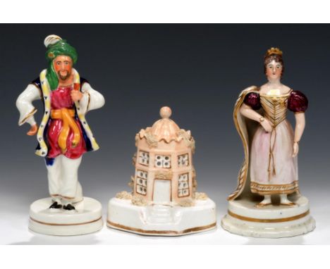 TWO STAFFORDSHIRE FIGURES,  POSSIBLY LLOYD OF SHELTON, C1840-45 AND A CONTEMPORARY STAFFORDSHIRE PORCELAIN PAVILION SHAPED PA