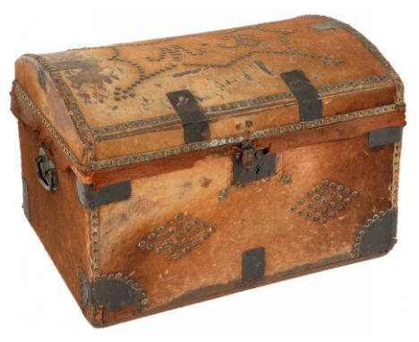 A NORTHERN EUROPEAN BRASS NAILED AND GOATSKIN COVERED TRAVELLING TRUNK the lid with the initials MB, having black painted she