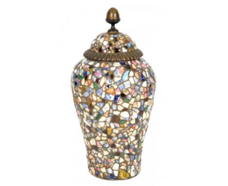 A CERAMIC MOSAIC FLOOR VASE AND GILTWOOD COVER, 20TH C  the pottery and porcelain fragments 18th and 19th c, 86cm h++Good con