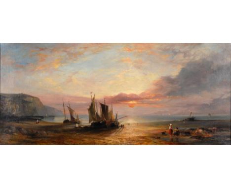 W E BATES (FL 1847-1872) LOW TIDE AT SUNSET WITH FISHERFOLK ON THE SHORE signed and dated 1849, oil on canvas, 47 x 106cmExhi