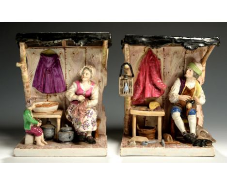 A PAIR OF CONTINENTAL FAIENCE MODELS OF TRADESMEN'S STALLS,  LATE 19TH C  22.5cm  h, painted H 39++Head of boy in green jacke