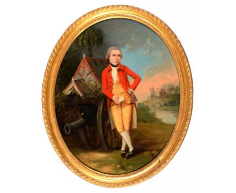 FOLLOWER OF THOMAS HICKEY  PORTRAIT OF A GENTLEMAN small full length in black stock, red coat, yellow breeches and waistcoat,