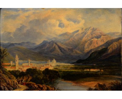 ENGLISH SCHOOL SCENE IN THE ITALIAN LAKES oil on board, 29.5 x 44cm++Light craquelure varnish yellowed with age in what may b