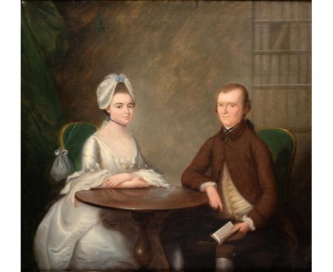 FOLLOWER OF ARTHUR DEVIS  AN INTERIOR WITH DOUBLE PORTRAIT OF A LADY AND GENTLEMAN CALLED MR AND MRS PORTER seated three quar