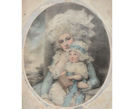 AFTER JOHN DOWNMAN, ARA  DOUBLE PORTRAIT OF A LADY AND CHILD  watercolour, oval, 22 x 18cm++Laid down on an old mount but in 