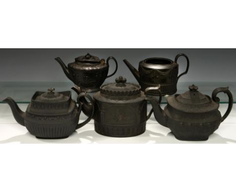 A NEALE &amp; CO BLACK BASALT TEAPOT, 1778-92, ANOTHER ATTRIBUTED TO POOLE, LAKIN &amp; CO, 1792-5 AND THREE GALLERIED OVAL O