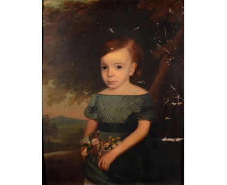 ENGLISH NAIVE ARTIST, 19TH C  PORTRAIT OF A CHILD three quarter length with an apron of flowers in a landscape, oil on board,