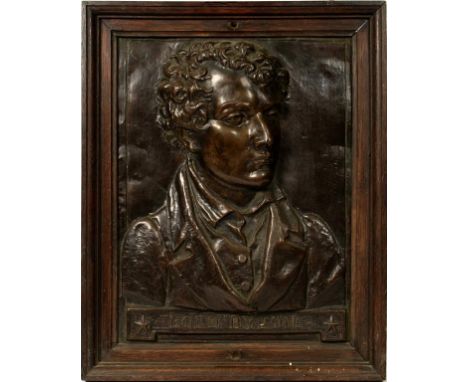 A PATINATED COPPER ELCTROTYPE PORTRAIT RELIEF OF LORD BYRON, LATE 19TH C  40 x 30cm, oak frame++Minor split near right should