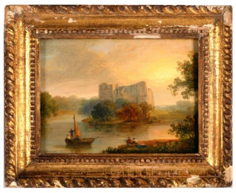 FOLLOWER OF JAMES ARTHUR O'CONNOR SCENE ON A RIVER NEAR A RUINED CASTLE AT SUNRISE  bears signature, oil on panel, 15 x 21cm+