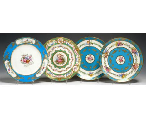 A SÈVRES PLATE, 1793-7 painted with a bouquet and three border panels of birds on a bleu celeste ground, 24cm diam, painted R