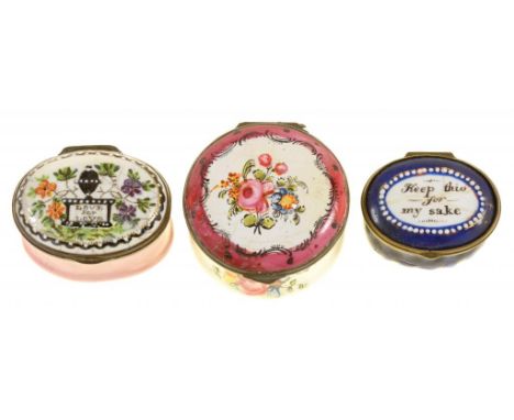 TWO SOUTH STAFFORDSHIRE ENAMEL PATCH BOXES AND A BONBONNIERE, C1780  bonbonniere 4.5cm diam++All restored, blue patch box lac