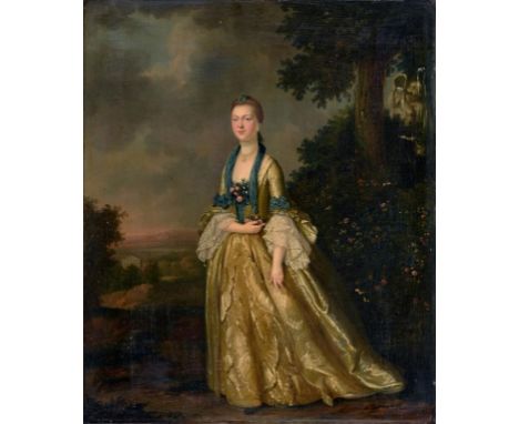 JOHN S C SCHAAK (FL 1760-1770) PORTRAIT OF A LADY  small full length in a satin gown with lace sleeves, blue bows and pearl n
