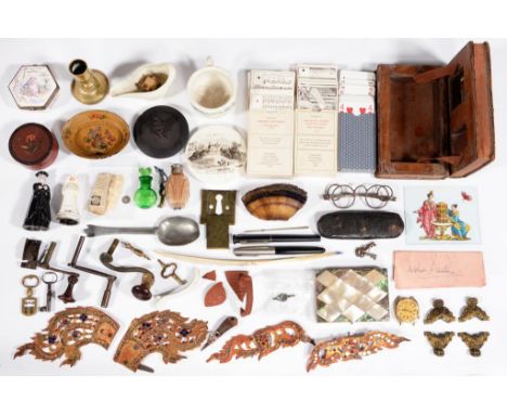 MISCELLANEOUS WORKS OF ARTS AND BYGONES  to include a silvered metal mounted hexagonal faience box, French painted lacquer bo