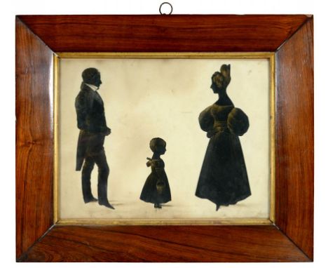 ENGLISH PROFILIST, C1820-30 SILHOUETTES OF A FAMILY OF THREE full length, cut paper and gilt with light brown wash, 26 x 33.5